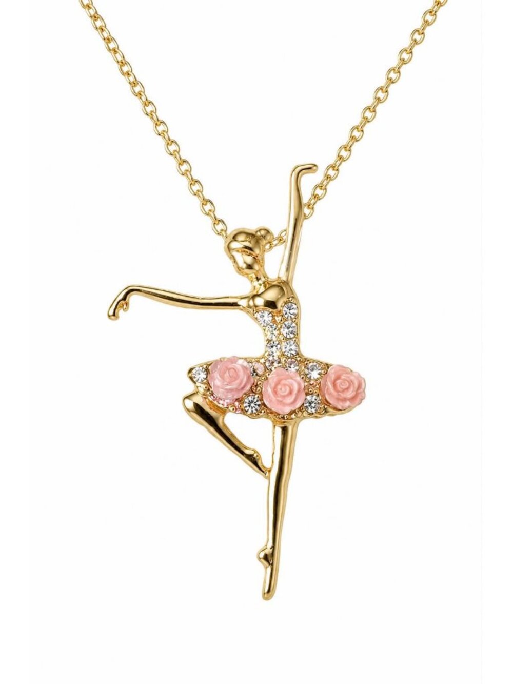 Gold Tone Ballerina Pendant Necklace with Pink Rose Crystal Dress Ballet Dancer